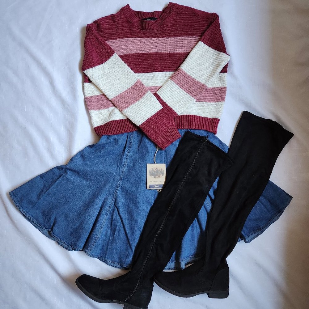 3 (Sweater /Denim Skirt/ Knee-high Boots) For 1 Price